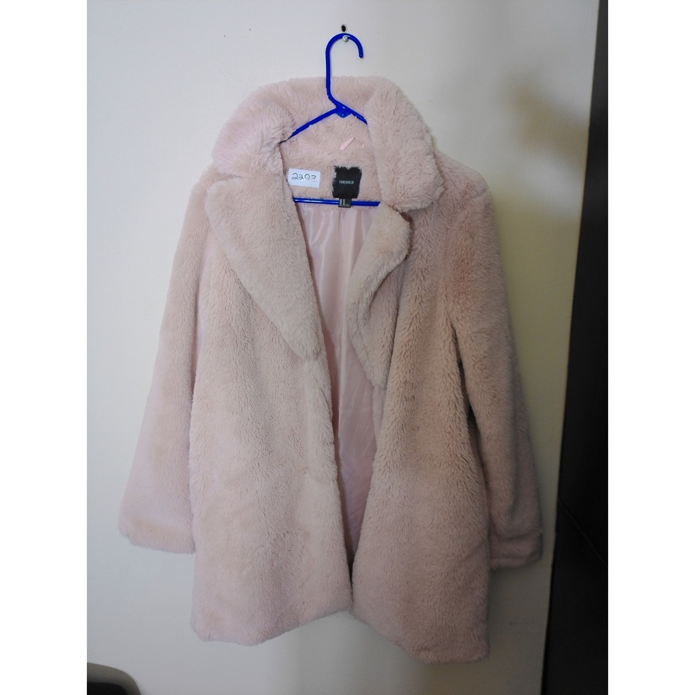 Forever 21 Faux Fur Coat Women Medium Blush Pink Glam Plush Notched Lapel Jacket
